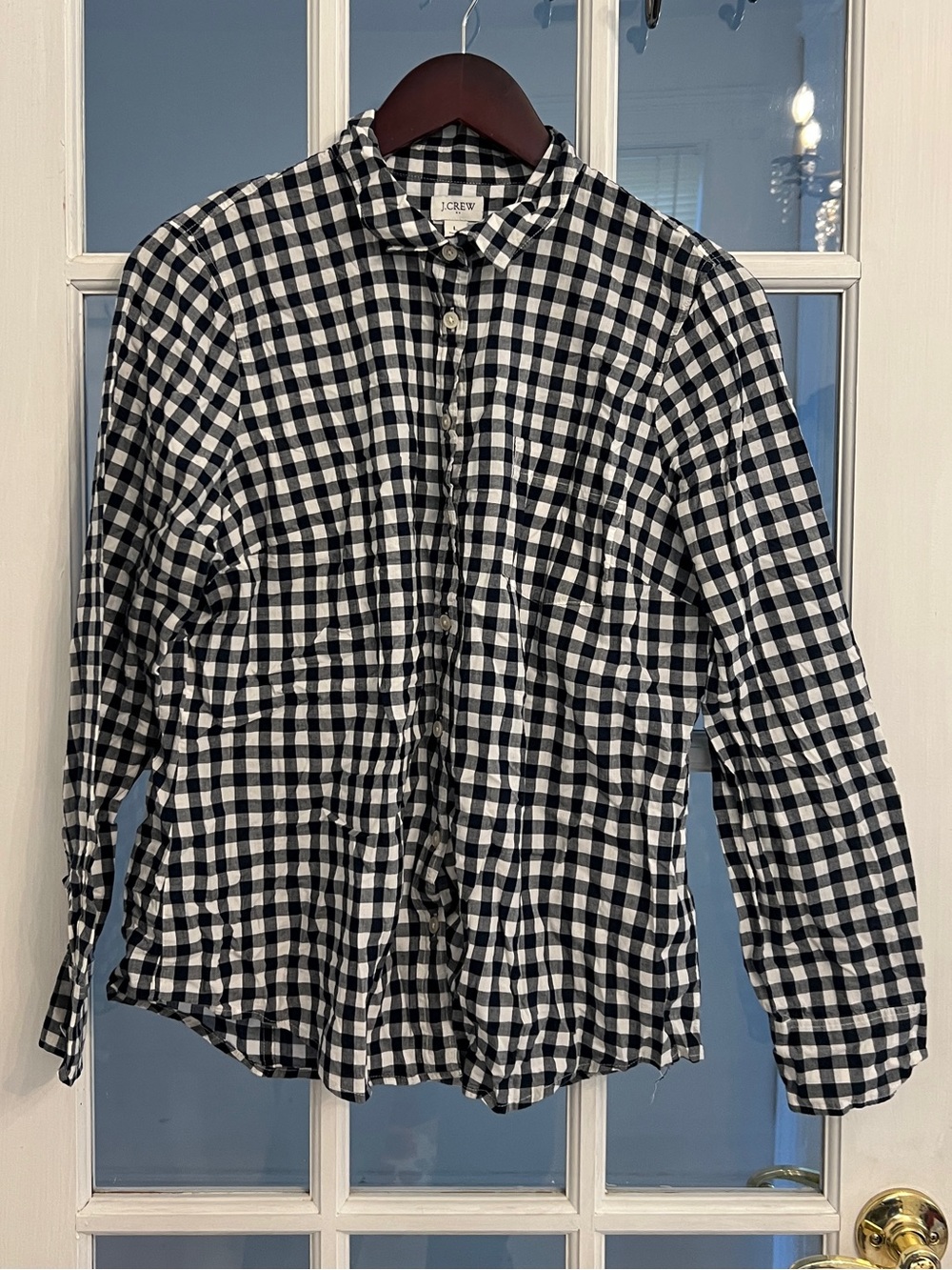 J. CREW Women’s Gingham Cotton Button Down Shirt Navy White Preppy Coastal L